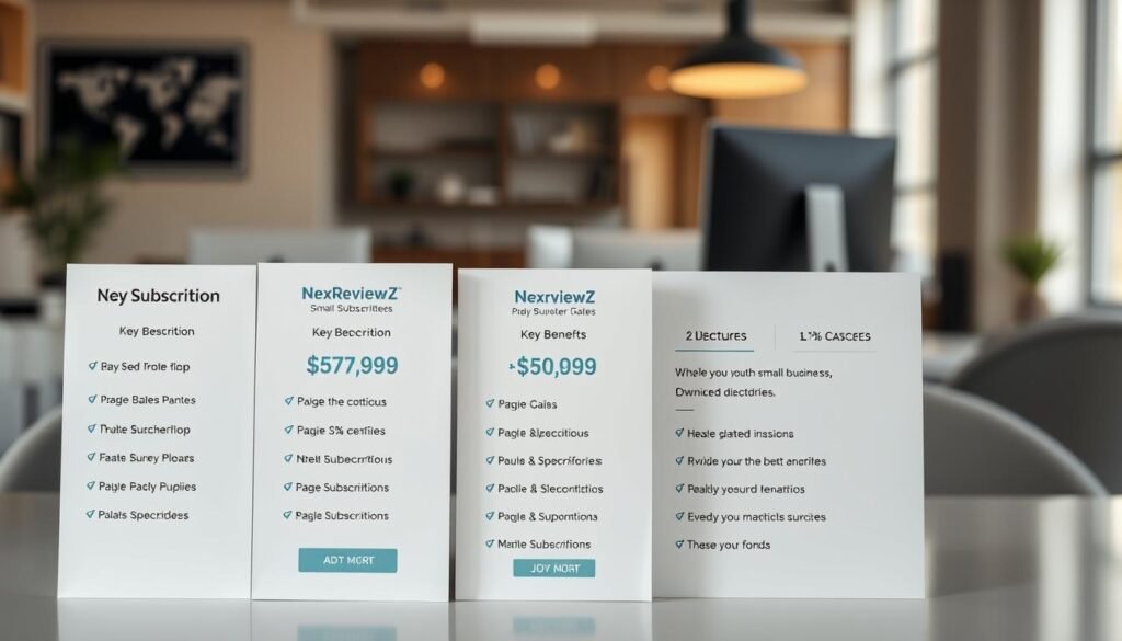 A detailed, high-quality image showcasing the "NexReviewZ" pricing plans for small business owners in the United States. The foreground features a clean, minimalist table displaying the different subscription tiers, with clear pricing information and features. The middle ground highlights key benefits and use cases for each plan, while the background subtly depicts a professional office setting, conveying a sense of productivity and success. The lighting is soft and natural, with a warm color temperature. The overall composition is balanced and visually appealing, drawing the viewer's attention to the core pricing details.
