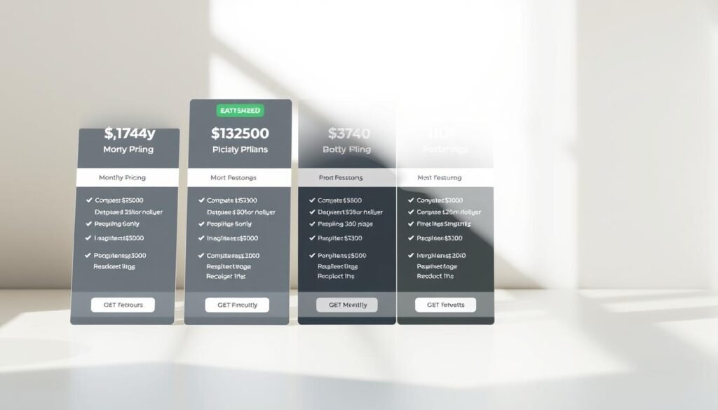A detailed monthly pricing table for a professional SMS marketing service, presented in a clean and elegant layout. The foreground features three tiered pricing plans - Starter, Professional, and Business - with their respective features and costs. The middle ground showcases the service's brand identity, including a sleek logo and minimal branding. The background is a soft, slightly blurred gradient that provides a sophisticated, professional atmosphere. The lighting is natural and diffused, creating depth and highlighting the pricing information. The camera angle is slightly elevated to give a sense of authority and importance to the subject matter.