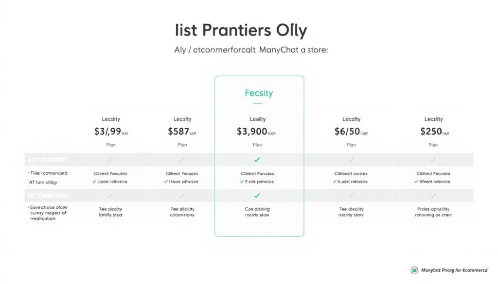 A detailed overview of ManyChat's pricing plans for ecommerce stores, presented in a clean, modern design. A large central table showcases the key features and corresponding prices for each plan, with clear visual cues to highlight the most popular or recommended option. The table is set against a soft, light background, with subtle gradients adding depth and visual interest. Carefully selected icons and graphics complement the textual information, creating a cohesive and visually appealing layout. The entire composition radiates a sense of professionalism and trustworthiness, making it an ideal illustration for the article's "ManyChat Pricing Overview for Ecommerce Stores" section.