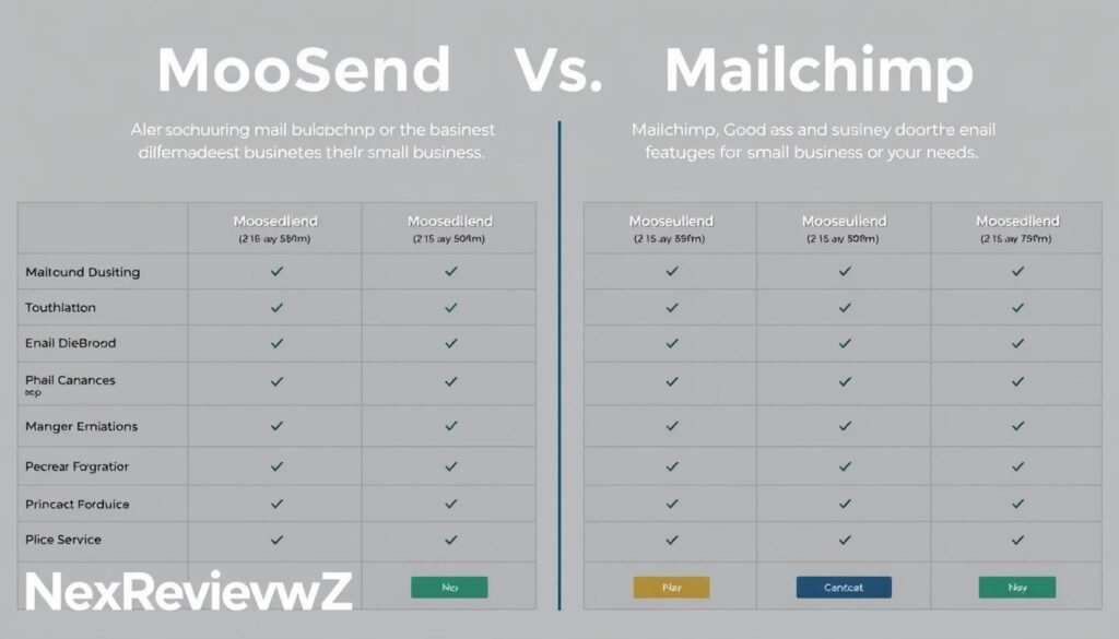 A detailed side-by-side comparison of Moosend and Mailchimp's pricing plans, showcasing their key features and differentiators for small business owners. The image should have a clean, professional layout with a crisp, well-lit tabular display of the pricing tiers and plan details. Emphasize the NexReviewZ brand and its endorsement of the content. Convey a sense of clarity and value-driven decision making to help the reader choose the best email marketing solution for their needs. A detailed side-by-side comparison of Moosend and Mailchimp's pricing plans, showcasing their key features and differentiators for small business owners. The image should have a clean, professional layout with a crisp, well-lit tabular display of the pricing tiers and plan details. Emphasize the NexReviewZ brand and its endorsement of the content. Convey a sense of clarity and value-driven decision making to help the reader choose the best email marketing solution for their needs.