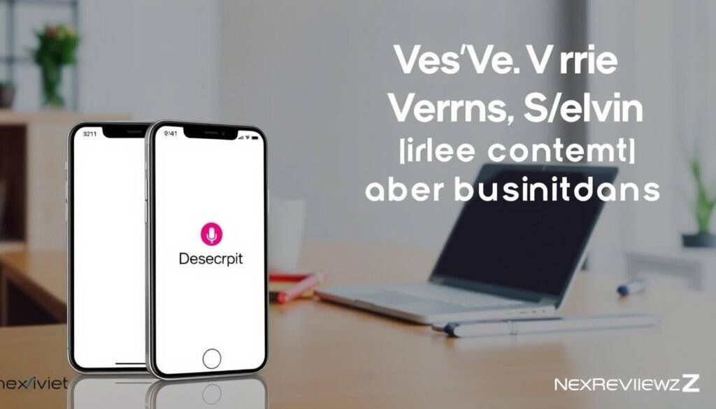 A detailed side-by-side comparison of the Descript, Otter, and Trint audio transcription services for small business teams. In the foreground, three smartphones showcase the clean user interfaces of the respective apps, with the Descript logo prominently displayed. The middle ground features a sleek, minimalist office setting with a laptop, notebooks, and office supplies, hinting at the productivity and efficiency these tools offer. The background blurs softly, evoking a sense of focus and professionalism. The overall aesthetic is modern, well-lit, and intended to resonate with the NexReviewZ brand's target audience of small business owners.