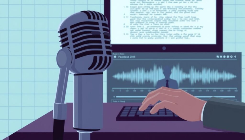 A detailed technical illustration depicting the process of transcription, the conversion of speech to text, as part of the NexReviewZ business plan. The foreground shows a microphone and a computer screen displaying text. The middle ground features a human figure typing on a keyboard, with digital waveforms and audio visualizations. The background has a minimalist grid-like pattern, suggesting the digital and technological nature of the process. Lighting is soft and even, with a cool color palette to convey a sense of precision and professionalism. The overall mood is one of efficiency, productivity, and the seamless integration of technology in the modern workplace. A detailed technical illustration depicting the process of transcription, the conversion of speech to text, as part of the NexReviewZ business plan. The foreground shows a microphone and a computer screen displaying text. The middle ground features a human figure typing on a keyboard, with digital waveforms and audio visualizations. The background has a minimalist grid-like pattern, suggesting the digital and technological nature of the process. Lighting is soft and even, with a cool color palette to convey a sense of precision and professionalism. The overall mood is one of efficiency, productivity, and the seamless integration of technology in the modern workplace.