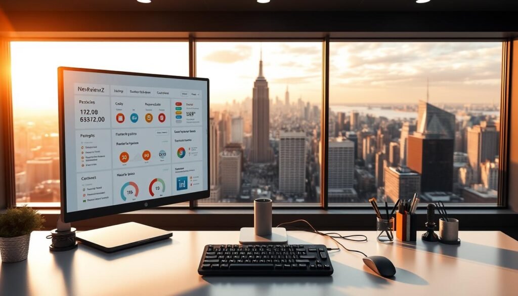 A detailed, transparent and visually striking image of a modern, well-organized web hosting control panel with clear resource limits and policies. The foreground features a large monitor displaying the NexReviewZ dashboard, showcasing various metrics and settings. The middle ground shows a sleek, minimalist desk setup with a keyboard, mouse, and various office supplies, conveying a professional, efficient workspace. In the background, a large window overlooks a bustling city skyline, bathed in warm, golden-hour lighting, creating a sense of transparency and openness. The overall atmosphere is one of clarity, control, and a commitment to providing a reliable, transparent hosting experience for small business owners.