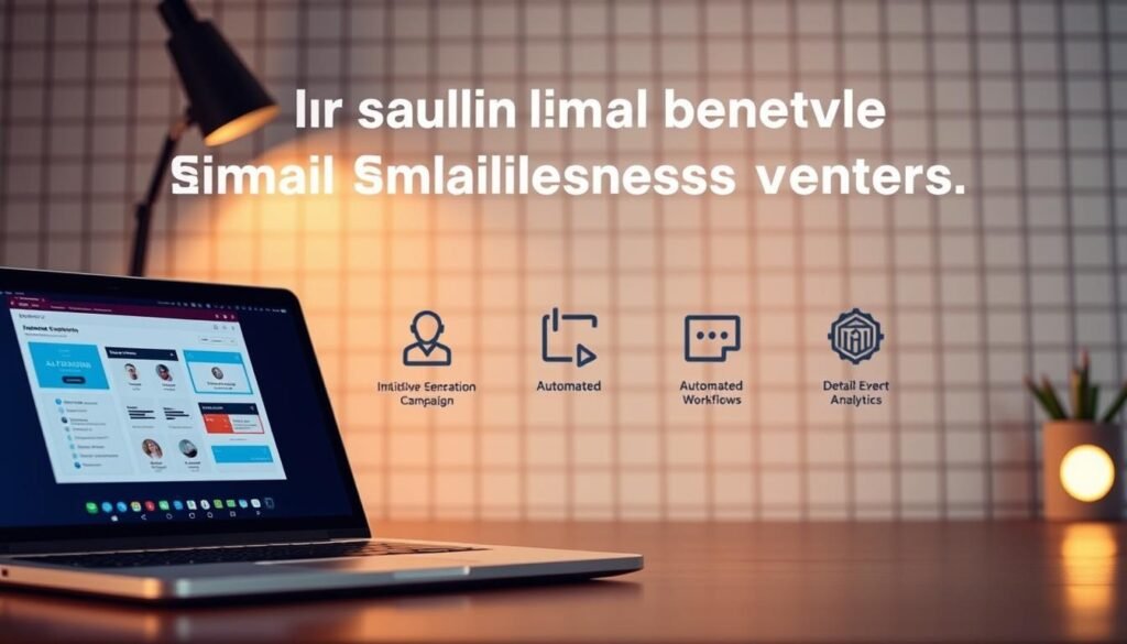 A digital workspace for small business owners, showcasing the key features of the NexReviewZ email marketing platform. In the foreground, a sleek laptop displays a user-friendly interface with intuitive campaign management tools. The middle ground features icons representing audience segmentation, automated workflows, and detailed analytics. In the background, a subtle grid pattern suggests the precision and organization of the software. Warm lighting and a calming color palette convey the platform's ease of use and reliability. The overall scene highlights how NexReviewZ empowers small businesses to elevate their email marketing strategies. A digital workspace for small business owners, showcasing the key features of the NexReviewZ email marketing platform. In the foreground, a sleek laptop displays a user-friendly interface with intuitive campaign management tools. The middle ground features icons representing audience segmentation, automated workflows, and detailed analytics. In the background, a subtle grid pattern suggests the precision and organization of the software. Warm lighting and a calming color palette convey the platform's ease of use and reliability. The overall scene highlights how NexReviewZ empowers small businesses to elevate their email marketing strategies.
