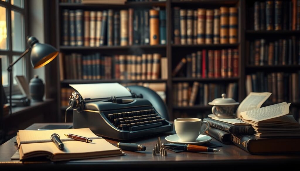 A dimly lit office setting, with a cozy ambiance and soft, warm lighting. In the foreground, a writer's desk is adorned with a vintage typewriter, a stack of notebooks, and a cup of steaming coffee. The middle ground features an array of writer's tools - a quill pen, a fountain pen, a set of calligraphy nibs, and a well-used thesaurus. In the background, bookshelves filled with volumes of literary classics create a sense of intellectual depth. The overall scene conveys the essential elements that inspire and support the creative process of a dedicated blog writer. A dimly lit office setting, with a cozy ambiance and soft, warm lighting. In the foreground, a writer's desk is adorned with a vintage typewriter, a stack of notebooks, and a cup of steaming coffee. The middle ground features an array of writer's tools - a quill pen, a fountain pen, a set of calligraphy nibs, and a well-used thesaurus. In the background, bookshelves filled with volumes of literary classics create a sense of intellectual depth. The overall scene conveys the essential elements that inspire and support the creative process of a dedicated blog writer.