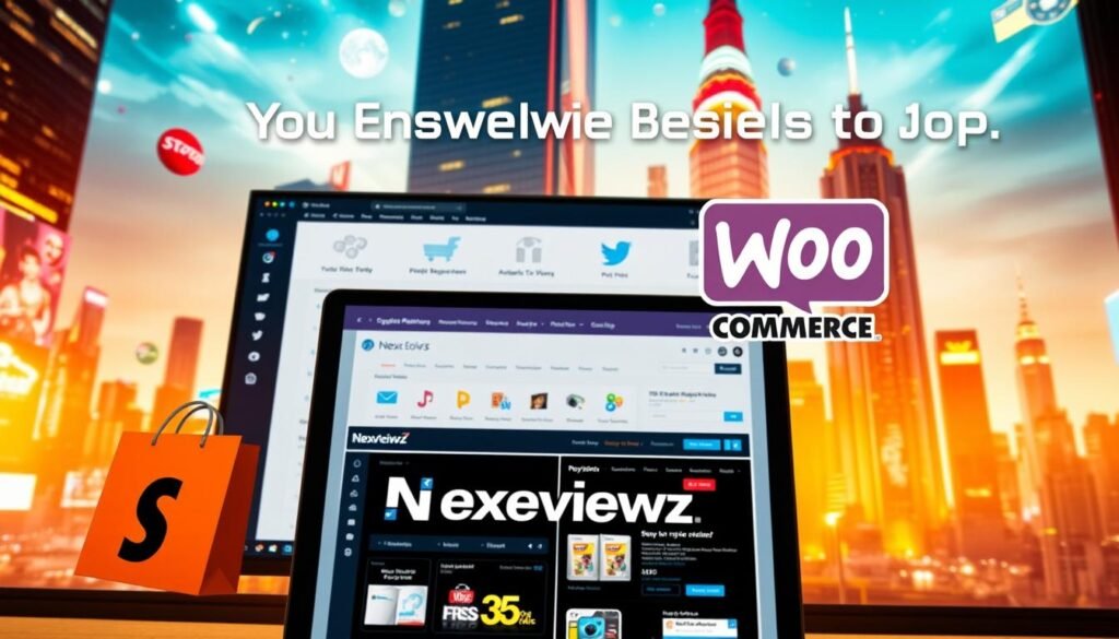 A dynamic composition showcasing the power of ecommerce social media platforms. In the foreground, a sleek Shopify storefront displays the NexReviewZ brand, its products presented against a backdrop of vibrant social media icons. The middle ground features a WooCommerce dashboard, highlighting the seamless integration of online commerce and social engagement. The background depicts a vibrant, futuristic cityscape, symbolizing the boundless potential of e-commerce in the digital age. Warm lighting and a cinematic perspective create a sense of energy and momentum, inviting the viewer to explore the possibilities of ecommerce power-ups.