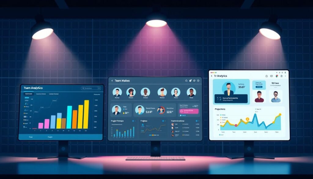 A dynamic team workspace with vibrant icons, sleek analytics dashboards, and intuitive collaboration tools. Bright spotlights illuminate key features, casting a professional glow over the scene. In the foreground, a stylized bar chart and task management interface showcase data-driven insights. The middle ground features customizable team member avatars, project timelines, and real-time notifications. In the background, a subtle grid pattern and minimalist design elements create a polished, modern aesthetic. The overall mood is one of efficiency, productivity, and seamless team coordination.