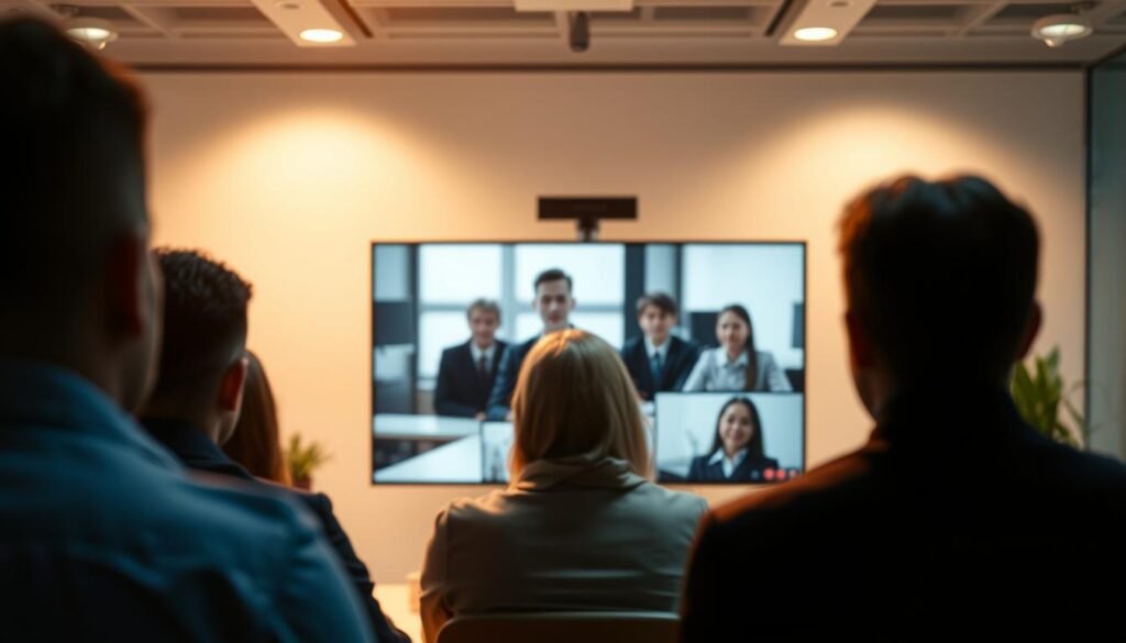 A dynamic video conference scene, captured through a cinematic lens. The camera frames a faceless team in the foreground, their expressions obscured, yet their body language conveying deep engagement. The middle ground features a sleek, minimalist video interface, its clean lines and muted colors evoking a sense of technological sophistication. In the background, a soft, blurred backdrop suggests an office environment, hinting at the professional setting. Warm, directional lighting illuminates the scene, casting subtle shadows that add depth and dimension. The overall mood is one of focus, collaboration, and the essence of a growing content team.