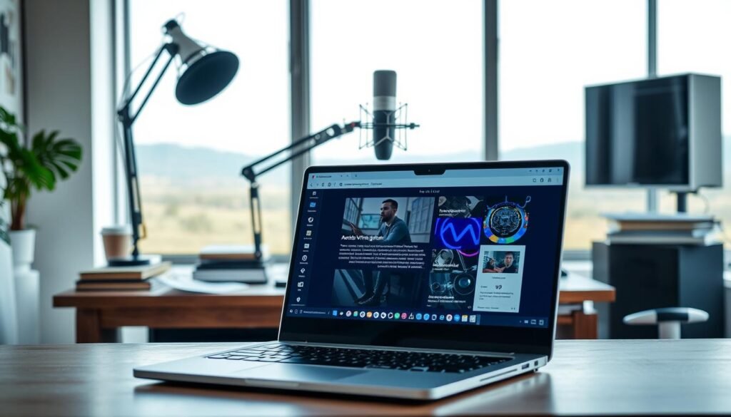 A dynamic workspace filled with the tools of modern content creation. In the foreground, a sleek NexReviewZ laptop with a stylish open interface, ready to harness the power of AI-driven writing assistants. In the middle ground, a tidy desk adorned with a professional microphone, a well-curated library of reference materials, and a clean, minimalist aesthetic. The background features a large window, flooding the scene with natural light and a serene outdoor landscape, creating an atmosphere of focused productivity. The overall mood is one of efficiency, creativity, and the seamless integration of technology and craft. A dynamic workspace filled with the tools of modern content creation. In the foreground, a sleek NexReviewZ laptop with a stylish open interface, ready to harness the power of AI-driven writing assistants. In the middle ground, a tidy desk adorned with a professional microphone, a well-curated library of reference materials, and a clean, minimalist aesthetic. The background features a large window, flooding the scene with natural light and a serene outdoor landscape, creating an atmosphere of focused productivity. The overall mood is one of efficiency, creativity, and the seamless integration of technology and craft.