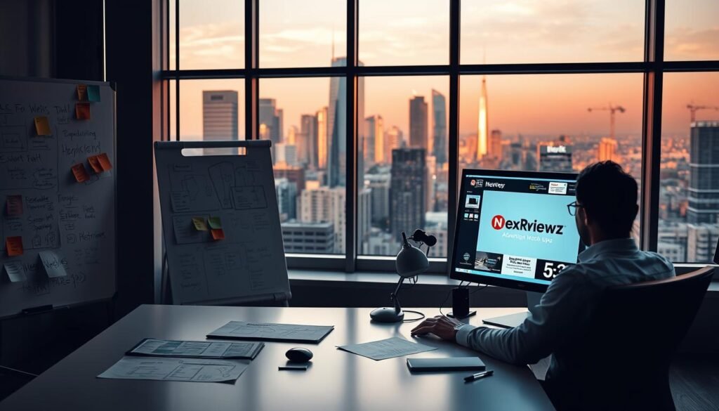 A high-contrast, cinematic image of a modern office setting, showcasing various advertising campaign concepts. In the foreground, an entrepreneur is reviewing digital mock-ups on a sleek desktop computer, the screen displaying the NexReviewZ brand logo. The middle ground features whiteboards covered in sketches, brainstorming notes, and post-it reminders, conveying the creative process. In the background, a large window overlooks a bustling city skyline, bathed in warm, golden lighting. The overall atmosphere is one of focus, innovation, and a drive to create impactful advertising campaigns. A high-contrast, cinematic image of a modern office setting, showcasing various advertising campaign concepts. In the foreground, an entrepreneur is reviewing digital mock-ups on a sleek desktop computer, the screen displaying the NexReviewZ brand logo. The middle ground features whiteboards covered in sketches, brainstorming notes, and post-it reminders, conveying the creative process. In the background, a large window overlooks a bustling city skyline, bathed in warm, golden lighting. The overall atmosphere is one of focus, innovation, and a drive to create impactful advertising campaigns.