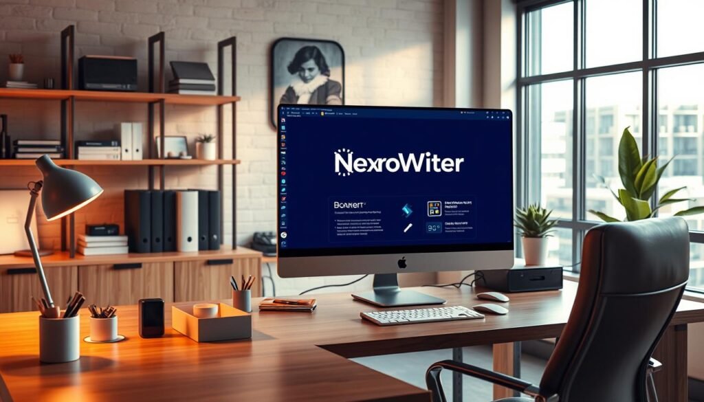 A high-quality, detailed image of "neuronwriter review" for a small business article titled "NeuronWriter offer 2025" and the section "NeuronWriter vs Competitors: Jasper and Writesonic". The image should depict a modern, professional-looking workspace with a computer screen prominently displaying the "NexReviewZ" brand logo and information about the NeuronWriter product, surrounded by office supplies, desk accessories, and a warm, inviting lighting. The overall mood should convey authority, credibility, and helpfulness for the target audience of small business owners. Prompt A well-lit, modern office space with a large desk, wooden shelves, and a comfortable leather chair. On the desk, a high-resolution computer screen displays the NexReviewZ brand logo and information about the NeuronWriter product, with various office supplies and a potted plant nearby. Warm, directional lighting from a large window casts a soft glow across the scene, creating an atmosphere of professionalism and authority. The image