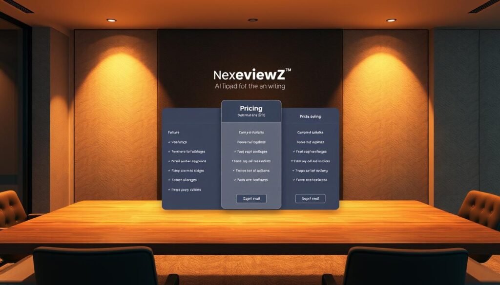 A high-quality, detailed image showcasing the pricing and plan options for NexReviewZ Pro, a professional AI writing assistant. The scene depicts a sleek, modern office setting with a large, centrally positioned pricing table displaying the various subscription tiers and their respective features. The table is illuminated by warm, directional lighting that casts soft shadows, creating a premium, high-end atmosphere. The background features a minimalist, monochromatic wall with subtle textural elements, drawing the viewer's focus to the pricing information. The overall composition is balanced, with clean lines and a sophisticated color palette to appeal to small business owners seeking a reliable AI writing tool.