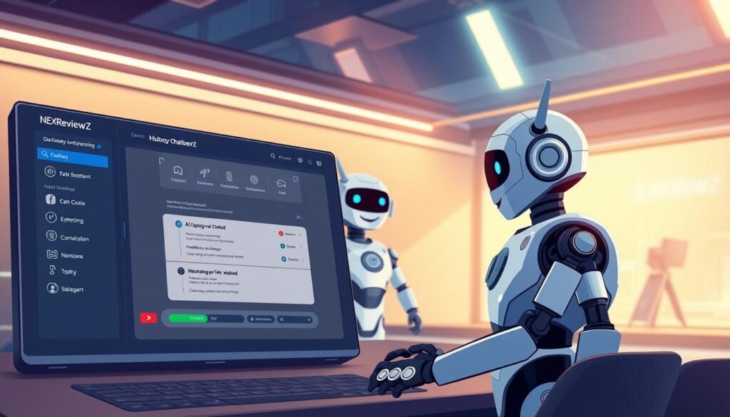 A high-quality digital illustration showcasing the core functionality of the NexReviewZ chatbot. In the foreground, a user-friendly dashboard with intuitive controls and customization options. In the middle ground, the chatbot itself, represented as a friendly, conversational AI agent. In the background, a sleek, futuristic environment with subtle branding elements, conveying the advanced, yet accessible nature of the NexReviewZ platform. The scene is illuminated by warm, directional lighting, creating depth and highlighting the key features. The overall mood is one of efficiency, approachability, and technological innovation, perfectly aligning with the "no-code setup, training, and deployment" focus of the article section.