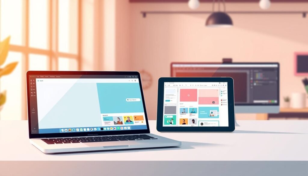 A high-quality, modern illustration showcasing a side-by-side comparison of leading design platforms. In the foreground, a sleek, minimalist laptop display presents the Dzine.ai interface, its clean lines and intuitive workflow highlighted by warm, directional lighting. In the middle ground, a tablet device displays the Canva interface, its familiar layout and colorful UI elements contrasted against the Dzine.ai view. In the background, an Adobe Photoshop window hints at the complex, power-user functionality, set against a softly blurred backdrop of a modern, creative workspace. The overall mood is one of deliberation and decision-making, inviting the viewer to consider the distinct strengths and use cases of each platform.
