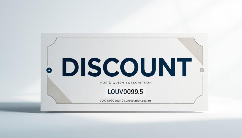 A high-quality, neatly designed discount coupon in the style of a minimalist modern stationery design. The coupon features a clean, elegant layout with subtle geometric patterns and a muted color palette of blues, grays, and whites. The focus is on the prominent "DISCOUNT" text, with the coupon code prominently displayed. The coupon has a premium, premium feel, conveying a sense of exclusivity and value. Soft, diffused lighting illuminates the coupon, creating a sense of depth and dimension. The overall mood is professional, polished, and visually striking, reflecting the premium nature of the Lovo.ai business subscription offering. A high-quality, neatly designed discount coupon in the style of a minimalist modern stationery design. The coupon features a clean, elegant layout with subtle geometric patterns and a muted color palette of blues, grays, and whites. The focus is on the prominent "DISCOUNT" text, with the coupon code prominently displayed. The coupon has a premium, premium feel, conveying a sense of exclusivity and value. Soft, diffused lighting illuminates the coupon, creating a sense of depth and dimension. The overall mood is professional, polished, and visually striking, reflecting the premium nature of the Lovo.ai business subscription offering.