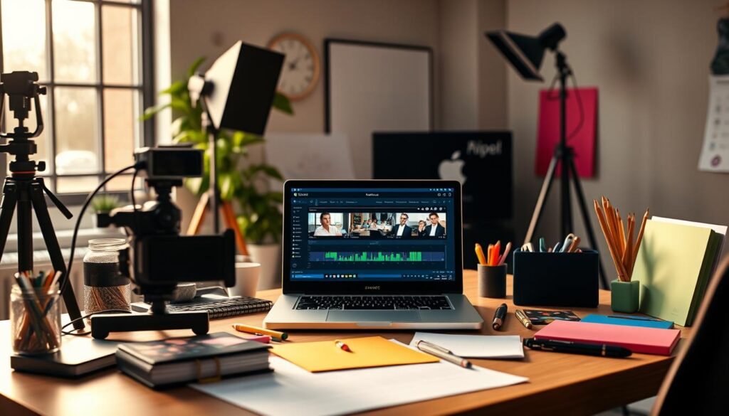 A high-quality studio photograph of a modern office workspace with an open laptop displaying a video editing interface, surrounded by various content creation tools and materials - camera, tripod, lighting equipment, colorful stationery, and creative props. The scene is bathed in warm, natural lighting from a large window, casting a soft glow and creating a productive, inspirational atmosphere. The composition emphasizes efficiency, creativity, and the ease of content creation, aligning with the article's focus on simplified app pricing for marketing teams.