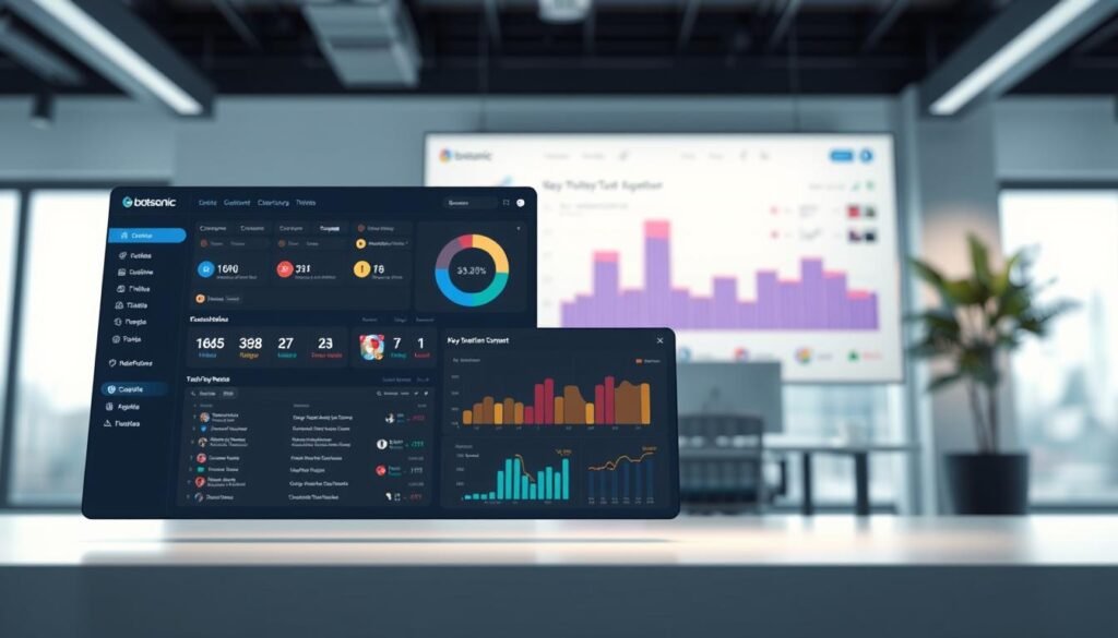 A high-resolution 3D render of botsonic features, showcasing an array of advanced customer support capabilities. In the foreground, a sleek and intuitive user interface with customizable dashboards, intelligent chatbots, and seamless ticket management. In the middle, a data visualization heatmap illustrating key performance metrics, empowering teams to optimize their workflows. In the background, a softly lit office setting, conveying a professional and trustworthy atmosphere. Crisp lighting, depth of field, and a clean, modern aesthetic capture the essence of botsonic's powerful yet user-friendly support solutions.