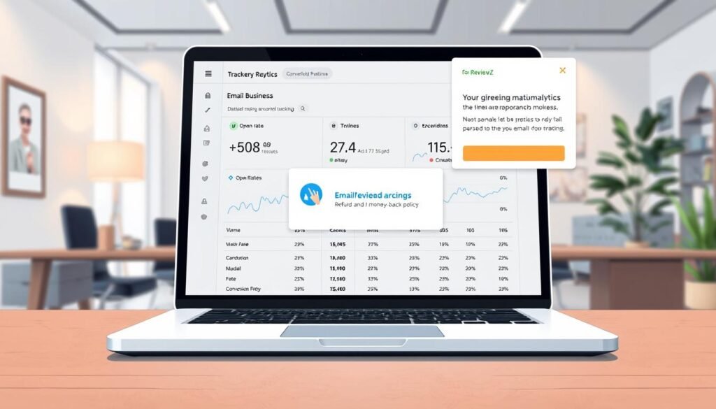 A high-resolution digital illustration depicting email tracking analytics for a small business, utilizing the NexReviewZ branding. The foreground showcases a laptop screen displaying detailed email performance metrics, including open rates, click-through rates, and conversion tracking. The middle ground features a notification pop-up with the NexReviewZ logo, highlighting the refund and money-back policy. The background depicts a minimalist office setting with clean lines, warm lighting, and subtle hints of the article's subject matter. The overall mood is professional, informative, and designed to engage small business owners seeking to optimize their email marketing strategies.