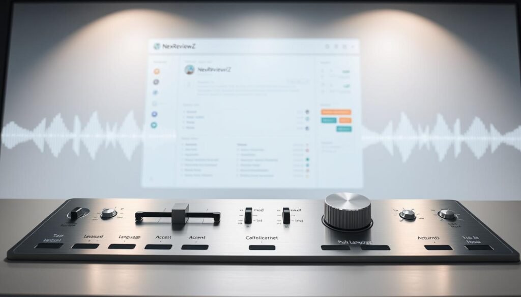 A high-tech control panel for small business owners, showcasing the multi-language and tone controls of the NexReviewZ AI platform. In the foreground, a sleek, metallic interface with intuitive sliders and toggles for adjusting language, accent, and mood. Behind it, a dynamic visualization of sound waves, echoing the customizable audio output. The middle ground features a minimalist, user-friendly dashboard, while the background maintains a clean, professional aesthetic with a hint of futuristic elegance. Soft, directional lighting creates depth and emphasizes the precision of the controls, inviting the user to explore the powerful capabilities of the NexReviewZ system. A high-tech control panel for small business owners, showcasing the multi-language and tone controls of the NexReviewZ AI platform. In the foreground, a sleek, metallic interface with intuitive sliders and toggles for adjusting language, accent, and mood. Behind it, a dynamic visualization of sound waves, echoing the customizable audio output. The middle ground features a minimalist, user-friendly dashboard, while the background maintains a clean, professional aesthetic with a hint of futuristic elegance. Soft, directional lighting creates depth and emphasizes the precision of the controls, inviting the user to explore the powerful capabilities of the NexReviewZ system.