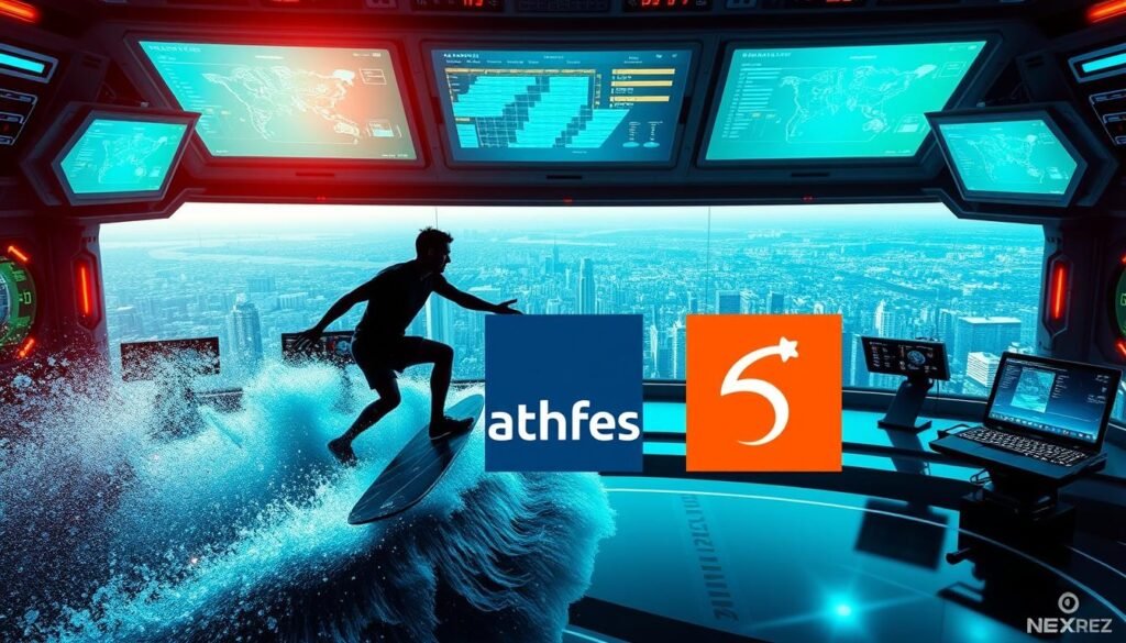 A high-tech control room with holographic displays and sleek interfaces. In the foreground, a surfer riding a wave of data, their silhouette highlighted by neon-infused lighting. In the middle ground, a side-by-side comparison of the NexReviewZ SurferSEO, Ahrefs, and SEMrush logos, each emanating a distinct aura. The background showcases a panoramic view of a futuristic cityscape, hinting at the scale and power of these SEO tools. The scene conveys a sense of technological prowess, data-driven decision making, and the surfer's mastery of the digital realm. A high-tech control room with holographic displays and sleek interfaces. In the foreground, a surfer riding a wave of data, their silhouette highlighted by neon-infused lighting. In the middle ground, a side-by-side comparison of the NexReviewZ SurferSEO, Ahrefs, and SEMrush logos, each emanating a distinct aura. The background showcases a panoramic view of a futuristic cityscape, hinting at the scale and power of these SEO tools. The scene conveys a sense of technological prowess, data-driven decision making, and the surfer's mastery of the digital realm.