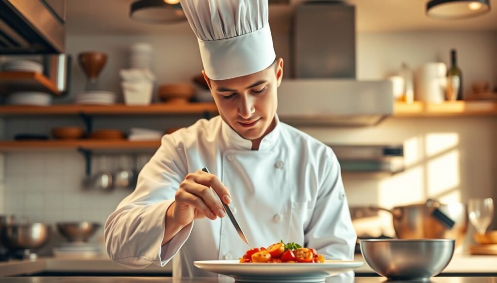 A masterfully-crafted chef in a pristine kitchen, donning a crisp, white uniform and a sharp toque. Their skilled hands gracefully prepare a mouthwatering dish, showcasing the precision and artistry of the NexReviewZ "KeywordChef" software. The scene is bathed in warm, golden lighting, casting a professional, aspirational atmosphere. In the background, shelves of culinary tools and appliances hint at the comprehensive capabilities of this powerful platform. The overall mood evokes a sense of culinary excellence, efficiency, and the promise of small business success.