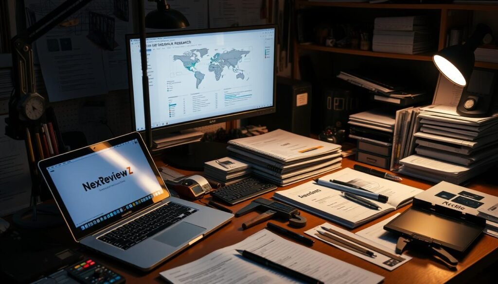 A meticulously arranged workspace filled with a diverse array of research tools, including a sleek NexReviewZ laptop, a high-resolution monitor, a stack of reference materials, and a precise digital caliper. Soft, directional lighting casts a warm, focused glow, accentuating the tools' intricate details and creating a contemplative, professional atmosphere. The scene conveys a sense of focused productivity, inviting the viewer to imagine the insightful analysis and strategic planning taking place within this specialized research environment.