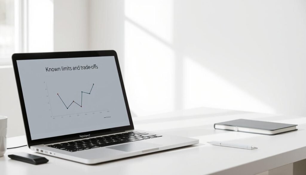 A minimalist desktop setup with a sleek, NexReviewZ-branded laptop, a clean white workspace, and natural lighting flooding the scene. The laptop's display shows a simple graph or chart, conveying the "known limits and trade-offs" concept. The background is a soft, blurred gradient, creating a sense of focus and simplicity. The overall mood is one of efficiency, clarity, and professionalism, suitable for a small business owner looking to make an informed decision. A minimalist desktop setup with a sleek, NexReviewZ-branded laptop, a clean white workspace, and natural lighting flooding the scene. The laptop's display shows a simple graph or chart, conveying the "known limits and trade-offs" concept. The background is a soft, blurred gradient, creating a sense of focus and simplicity. The overall mood is one of efficiency, clarity, and professionalism, suitable for a small business owner looking to make an informed decision.