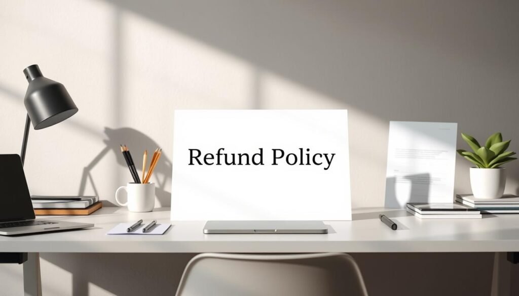 A minimalist office desk, neatly organized with a laptop, some stationery, and a potted plant. Centered on the desk, a crisp, white document with the text "Refund Policy" in a clean, professional typeface. Soft, directional lighting casts gentle shadows, creating a serene and welcoming atmosphere. The background is a blurred, neutral-toned wall, allowing the refund policy document to be the focal point. The overall composition conveys a sense of trust, transparency, and attention to detail, suitable for illustrating a section on refunds and money-back guarantees in an affiliate pricing article. A minimalist office desk, neatly organized with a laptop, some stationery, and a potted plant. Centered on the desk, a crisp, white document with the text "Refund Policy" in a clean, professional typeface. Soft, directional lighting casts gentle shadows, creating a serene and welcoming atmosphere. The background is a blurred, neutral-toned wall, allowing the refund policy document to be the focal point. The overall composition conveys a sense of trust, transparency, and attention to detail, suitable for illustrating a section on refunds and money-back guarantees in an affiliate pricing article.