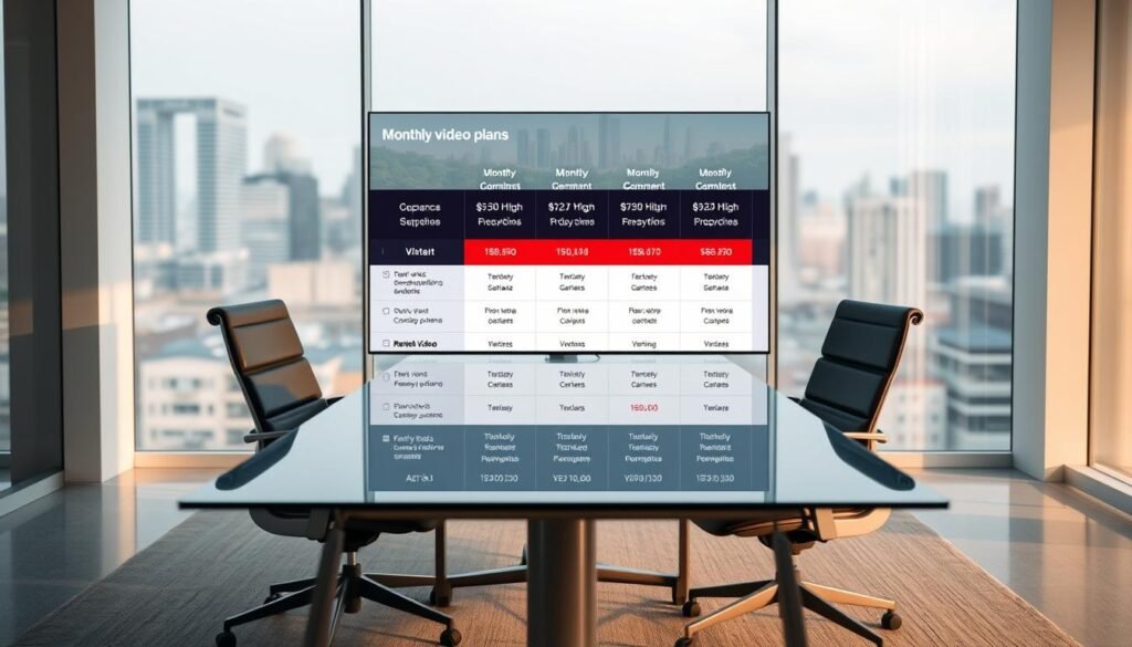 A minimalist office workspace with a sleek glass table, ergonomic chairs, and a large monitor displaying various monthly video plan options. The lighting is soft and diffused, casting a warm glow across the scene. The background features a blurred cityscape, hinting at the vibrant business environment. The composition emphasizes the simplicity and clarity of the video plan options, inviting the viewer to explore the details. The overall mood is professional, elegant, and forward-thinking, reflecting the article's focus on a business pricing plan. A minimalist office workspace with a sleek glass table, ergonomic chairs, and a large monitor displaying various monthly video plan options. The lighting is soft and diffused, casting a warm glow across the scene. The background features a blurred cityscape, hinting at the vibrant business environment. The composition emphasizes the simplicity and clarity of the video plan options, inviting the viewer to explore the details. The overall mood is professional, elegant, and forward-thinking, reflecting the article's focus on a business pricing plan.