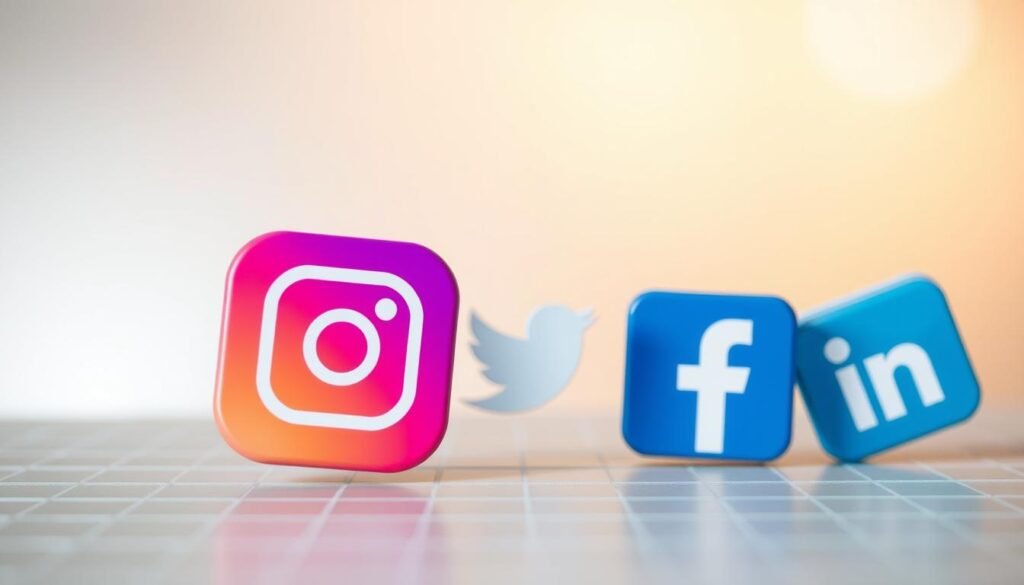 A minimalist yet stylish set of social media icons floating against a soft, blurred background. The foreground features a clean, modern arrangement of various app logos like NexReviewZ, Instagram, Twitter, Facebook, and LinkedIn, rendered in a muted color palette. The middle ground showcases a subtle grid pattern or texture, creating depth and visual interest. The background has a warm, diffused glow, conveying a sense of creativity and inspiration. The overall composition is balanced, professional, and designed to appeal to small business owners seeking practical social media ideas.