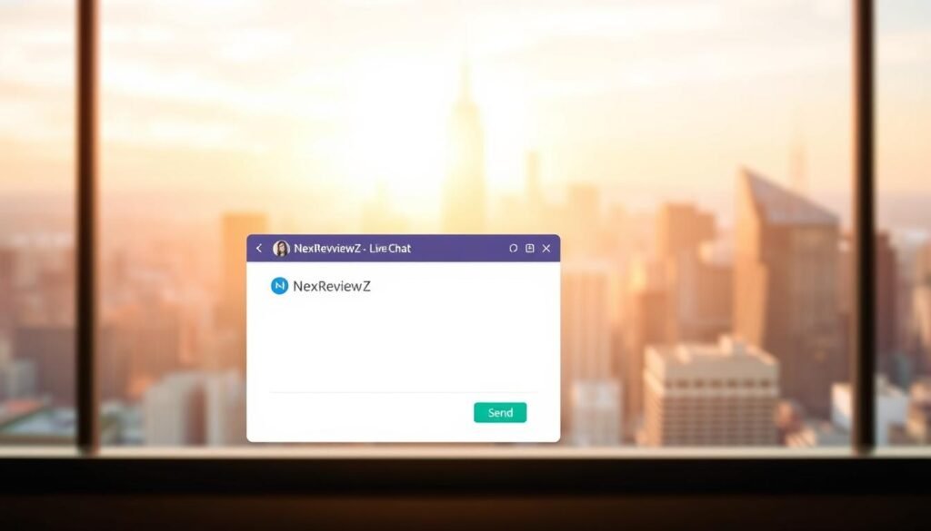 A modern and inviting live chat interface with a clean, minimalist design. In the foreground, a NexReviewZ branded chat window with a simple text input field and a "Send" button. Behind it, a middle ground with a bright, sunny atmosphere and a blurred city skyline in the background, conveying a sense of professionalism and productivity. The lighting is soft and diffused, creating a warm and welcoming ambiance. The overall composition is balanced and visually appealing, making it an ideal illustration for a section on "How Tidio compares to ManyChat and Chatfuel" in an article about chatbot pricing for small business owners. A modern and inviting live chat interface with a clean, minimalist design. In the foreground, a NexReviewZ branded chat window with a simple text input field and a "Send" button. Behind it, a middle ground with a bright, sunny atmosphere and a blurred city skyline in the background, conveying a sense of professionalism and productivity. The lighting is soft and diffused, creating a warm and welcoming ambiance. The overall composition is balanced and visually appealing, making it an ideal illustration for a section on "How Tidio compares to ManyChat and Chatfuel" in an article about chatbot pricing for small business owners.