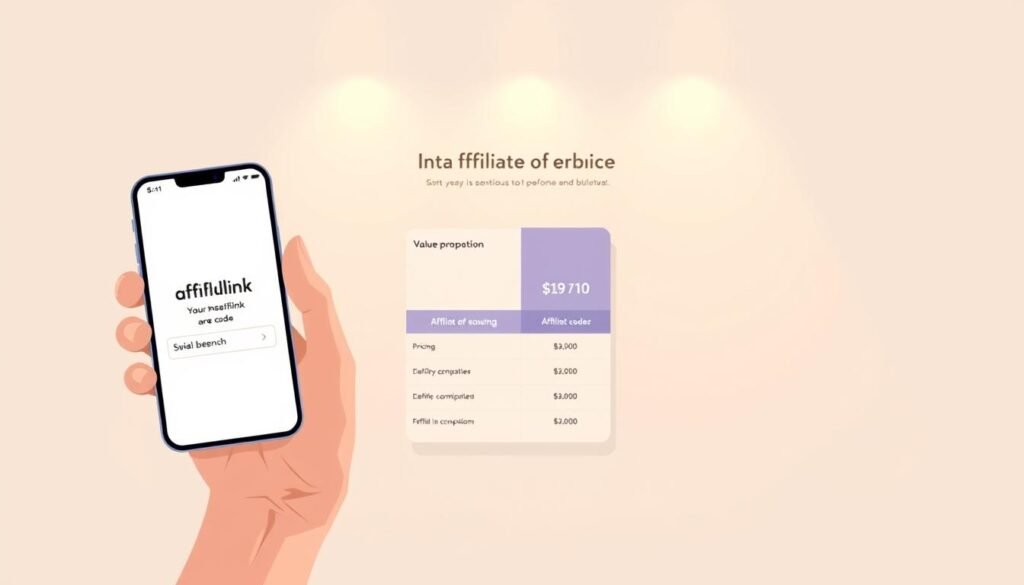 A modern and minimalist illustration of an affiliate program for a small business AI software. In the foreground, a hand holding a smartphone displays a simple, clean website with an affiliate link and discount code. The middle ground features an elegant pricing comparison table, highlighting the value proposition of the software and the affiliate discount. The background showcases a subtle geometric pattern, conveying a sense of professionalism and technology. The lighting is soft and warm, creating a inviting atmosphere. The overall mood is one of simplicity, clarity, and trust, reflecting the key benefits of the affiliate program. A modern and minimalist illustration of an affiliate program for a small business AI software. In the foreground, a hand holding a smartphone displays a simple, clean website with an affiliate link and discount code. The middle ground features an elegant pricing comparison table, highlighting the value proposition of the software and the affiliate discount. The background showcases a subtle geometric pattern, conveying a sense of professionalism and technology. The lighting is soft and warm, creating a inviting atmosphere. The overall mood is one of simplicity, clarity, and trust, reflecting the key benefits of the affiliate program.