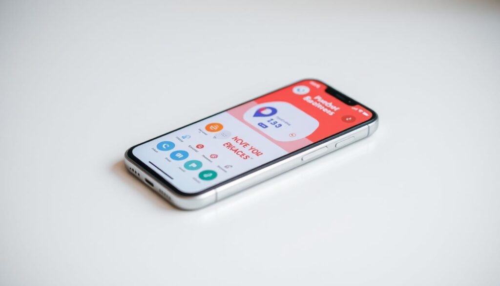 A modern and minimalist mobile app interface, with a clean and intuitive user experience. The app is displayed on the screen of a sleek, silver smartphone, resting on a smooth, white surface. The app's design features bold, vibrant colors, clean typography, and simple, yet striking icons. The lighting is soft and diffused, creating a warm and inviting atmosphere. The overall composition is balanced and visually appealing, showcasing the app's user-friendly functionality and versatility for small businesses.