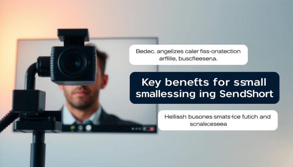 A modern and minimalist video call interface with a clean, crisp aesthetic. In the foreground, a high-definition webcam captures a close-up of a professional presenter against a blurred background. Warm, diffused lighting illuminates the subject's face, creating a natural, studio-quality look. In the middle ground, a series of simple captions float across the screen, highlighting key benefits for small businesses using SendShort's SMS services. The background features a subtle gradient or subtle textured pattern, providing a visually appealing and cohesive composition. The overall mood is one of professionalism, clarity, and attention to detail, perfectly suited to illustrate the "Key benefits for small businesses using SendShort" section of the affiliate article.