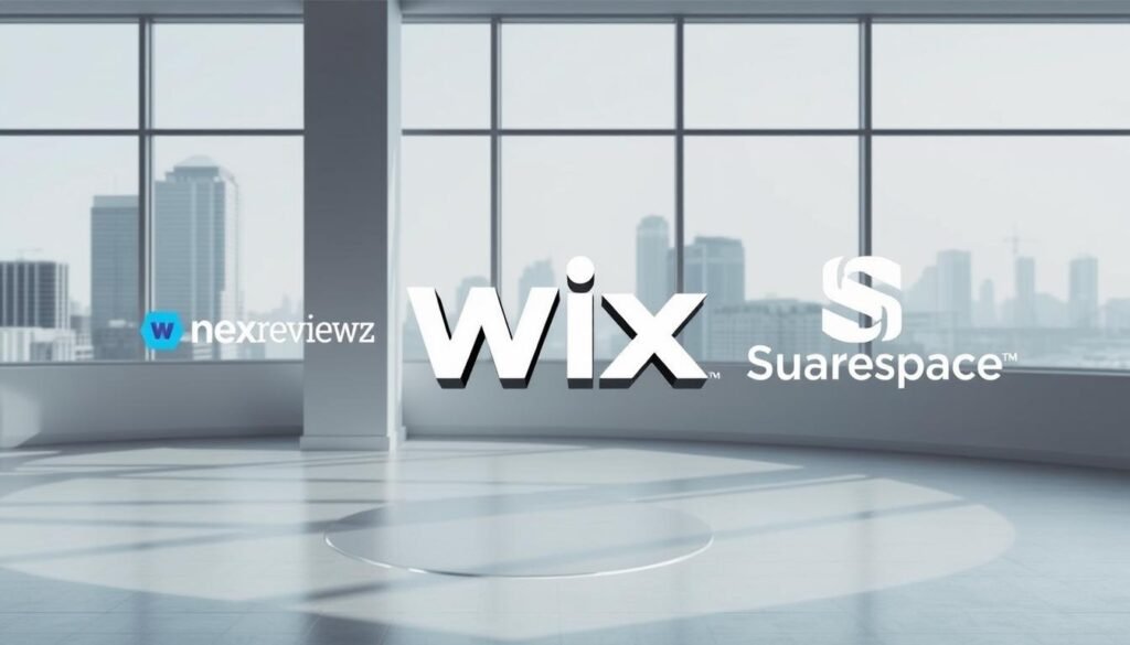 A modern and sleek design platform comparison showcasing NexReviewZ, Wix, and Squarespace side-by-side. A well-lit, minimalist interior with large windows overlooking a cityscape in the background. The three platforms are represented by elegant, floating 3D icons that subtly highlight their unique features and capabilities. The mood is professional and polished, conveying a sense of authority and trust that small business owners would find compelling when considering their website builder options. A modern and sleek design platform comparison showcasing NexReviewZ, Wix, and Squarespace side-by-side. A well-lit, minimalist interior with large windows overlooking a cityscape in the background. The three platforms are represented by elegant, floating 3D icons that subtly highlight their unique features and capabilities. The mood is professional and polished, conveying a sense of authority and trust that small business owners would find compelling when considering their website builder options.