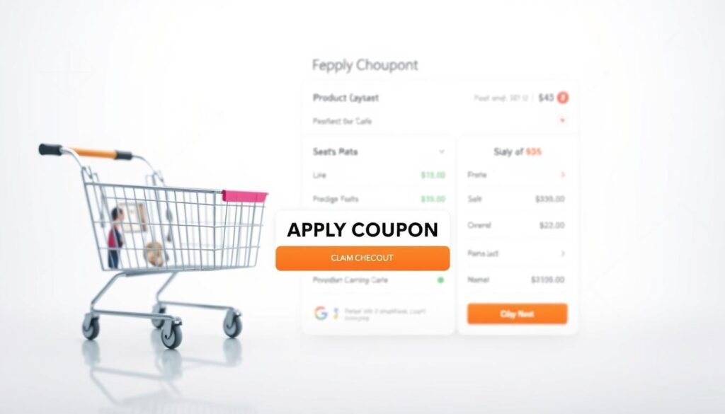 A modern checkout interface with a sleek, minimalist design. A large "APPLY COUPON" button prominently displayed, inviting the user to claim a discount. The foreground features a digital shopping cart, various product thumbnails, and a detailed pricing summary. The middle ground showcases a clean, white background with subtle gradients, creating a sense of depth and focus. In the background, there are faint outlines of geometric shapes and patterns, hinting at the technological aspects of the e-commerce platform. The lighting is soft and even, creating a professional and trustworthy atmosphere. The overall mood is one of simplicity, efficiency, and a welcoming user experience. A modern checkout interface with a sleek, minimalist design. A large "APPLY COUPON" button prominently displayed, inviting the user to claim a discount. The foreground features a digital shopping cart, various product thumbnails, and a detailed pricing summary. The middle ground showcases a clean, white background with subtle gradients, creating a sense of depth and focus. In the background, there are faint outlines of geometric shapes and patterns, hinting at the technological aspects of the e-commerce platform. The lighting is soft and even, creating a professional and trustworthy atmosphere. The overall mood is one of simplicity, efficiency, and a welcoming user experience.