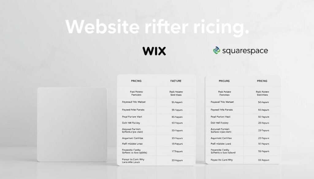 A modern, clean layout showcasing a side-by-side comparison of website pricing plans from NexReviewZ, Wix, and Squarespace. The foreground features detailed pricing tables with clear, easy-to-understand breakdowns of features and costs. The middle ground highlights brand logos and minimalist icons to visually distinguish the service providers. The background has a subtle gradient or texture, creating a professional, polished atmosphere. The lighting is soft and even, with a focus on highlighting the key pricing information. The overall mood is one of clarity, simplicity, and trust, appealing to small business owners in need of an accessible, data-driven pricing comparison.