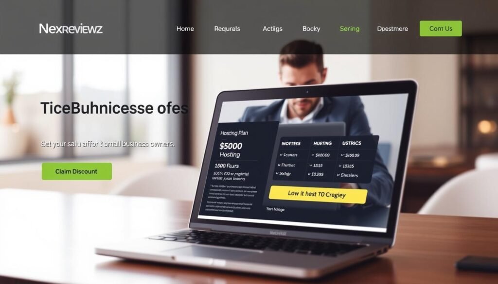 A modern, clean web design featuring a prominently displayed "Claim Discount" button and the NexReviewZ brand name. The foreground shows a laptop displaying a hosting plan offer with clear pricing and feature details. The middle ground features a businessman examining the laptop screen, conveying a sense of consideration and decision-making. The background has a subtle, blurred office environment with warm lighting, creating a professional and trustworthy atmosphere. The overall mood is one of efficiency, value, and an inviting call-to-action for small business owners.