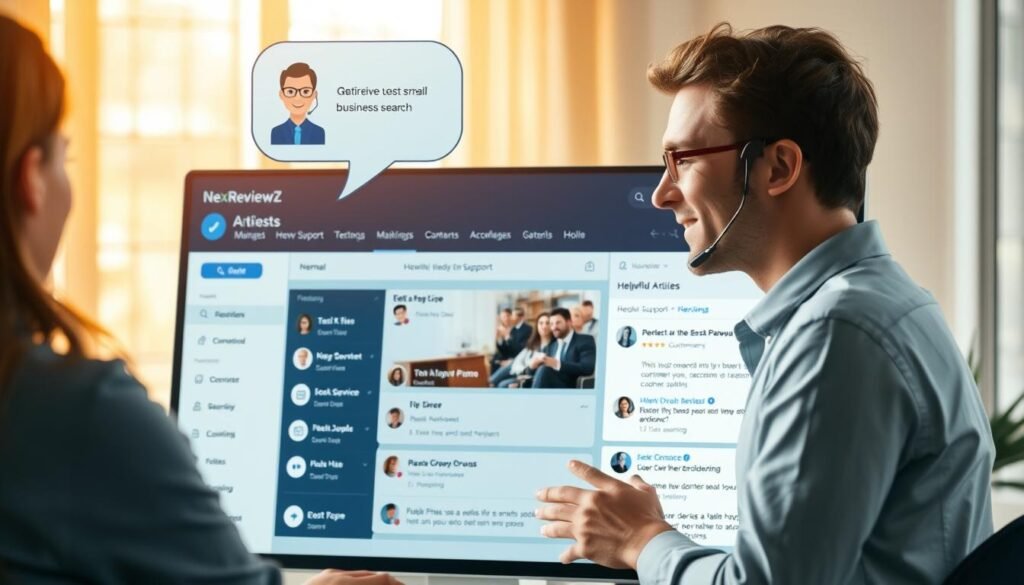 A modern, inviting live chat interface for NexReviewZ, a small business hosting platform. In the foreground, a friendly agent assists a customer, their conversation bubble floating above a sleek dashboard. The middle ground features intuitive navigation and contextual search, while the background showcases a knowledge base of helpful articles. Warm, natural lighting illuminates the scene, creating a calming atmosphere of efficient customer support. A modern, inviting live chat interface for NexReviewZ, a small business hosting platform. In the foreground, a friendly agent assists a customer, their conversation bubble floating above a sleek dashboard. The middle ground features intuitive navigation and contextual search, while the background showcases a knowledge base of helpful articles. Warm, natural lighting illuminates the scene, creating a calming atmosphere of efficient customer support.