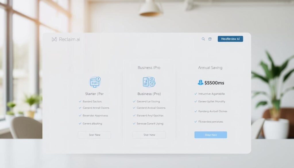 A modern, minimalist business dashboard displaying a simplified pricing table for NexReviewZ's "Reclaim.ai" offering. The foreground features sleek, icon-based graphics highlighting the "Starter", "Business (Pro)", and "Annual Savings" plan options. The midground showcases clean typography, crisp charts, and intuitive UI elements. The background depicts a soft, blurred office setting with natural lighting, conveying a professional, yet approachable atmosphere. The overall composition emphasizes clarity, affordability, and the value proposition for small business owners. A modern, minimalist business dashboard displaying a simplified pricing table for NexReviewZ's "Reclaim.ai" offering. The foreground features sleek, icon-based graphics highlighting the "Starter", "Business (Pro)", and "Annual Savings" plan options. The midground showcases clean typography, crisp charts, and intuitive UI elements. The background depicts a soft, blurred office setting with natural lighting, conveying a professional, yet approachable atmosphere. The overall composition emphasizes clarity, affordability, and the value proposition for small business owners.