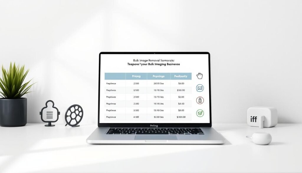 A modern minimalist desktop with a clean white background, an open laptop with a pricing comparison table on the screen, and various icons and graphics representing bulk image removal services. Soft directional lighting highlights the laptop display, creating a professional and informative atmosphere. The overall composition should convey a sense of clarity, efficiency, and the value of bulk image background removal services for small businesses.