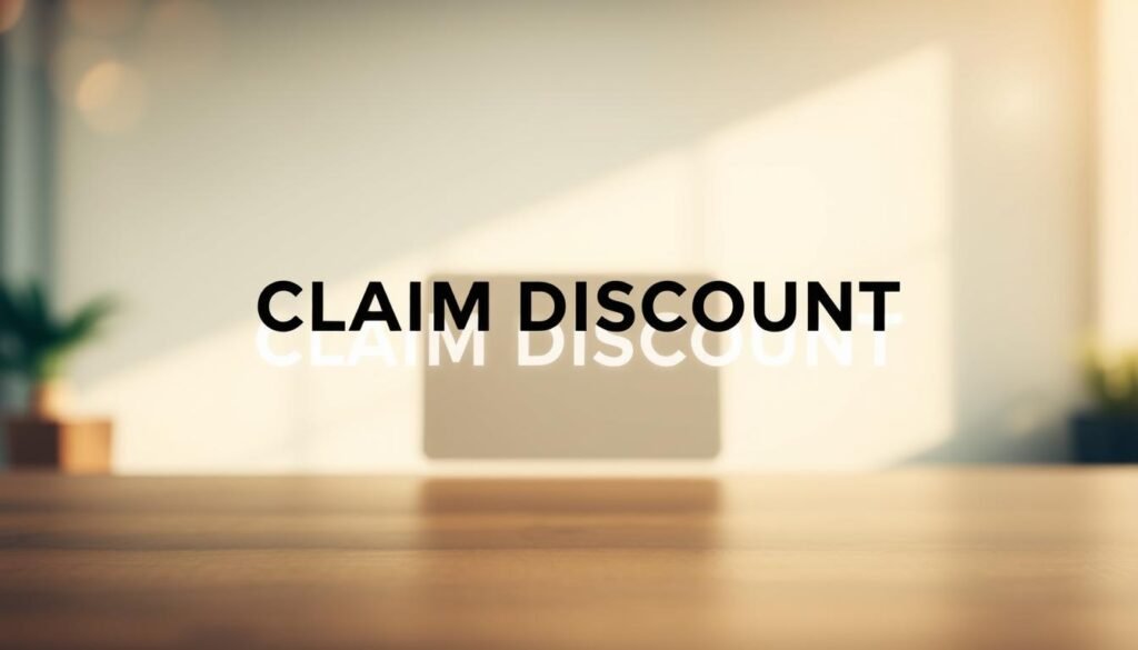 A modern, minimalist digital coupon design with a clean, professional aesthetic. In the foreground, a simple but striking "CLAIM DISCOUNT" text overlay stands out against a blurred background. The middle ground features a sleek, rectangular shape in a neutral color, evoking the look of a digital voucher or coupon. The background is softly blurred, creating a sense of depth and emphasizing the central design elements. Warm, natural lighting casts a gentle glow, conveying a sense of approachability and accessibility. The overall composition is balanced and visually striking, designed to effectively illustrate the concept of claiming a discount or coupon.