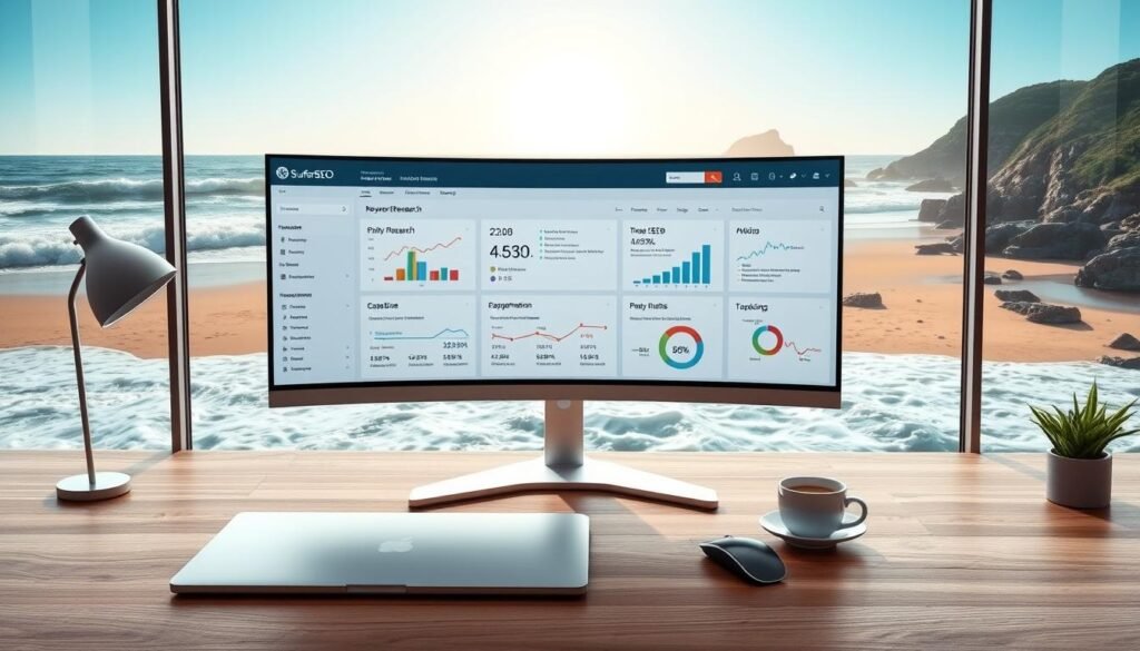 A modern, minimalist digital workspace with a large, high-resolution monitor displaying a NexReviewZ SurferSEO dashboard. The foreground features a sleek silver laptop, a stylish mouse, and a cup of coffee on a minimalist wooden desk. The middle ground showcases detailed infographics and charts illustrating the key features and capabilities of SurferSEO, including keyword research, on-page optimization, and performance tracking. The background depicts a serene coastal landscape with a sun-drenched beach and crashing waves, evoking the spirit of surfing and the power of the open web. The overall atmosphere is one of productivity, innovation, and the seamless integration of technology and nature. A modern, minimalist digital workspace with a large, high-resolution monitor displaying a NexReviewZ SurferSEO dashboard. The foreground features a sleek silver laptop, a stylish mouse, and a cup of coffee on a minimalist wooden desk. The middle ground showcases detailed infographics and charts illustrating the key features and capabilities of SurferSEO, including keyword research, on-page optimization, and performance tracking. The background depicts a serene coastal landscape with a sun-drenched beach and crashing waves, evoking the spirit of surfing and the power of the open web. The overall atmosphere is one of productivity, innovation, and the seamless integration of technology and nature.