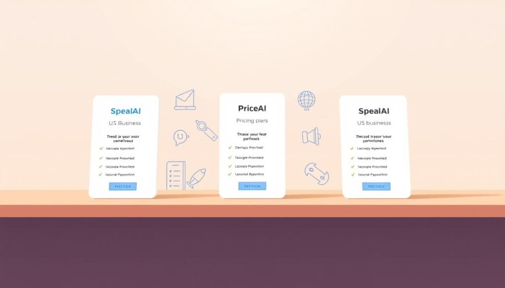 A modern, minimalist illustration depicting SpeakAI's pricing tiers for US businesses. In the foreground, three distinct price plans are displayed as clean, rectangular cards with subtle embellishments, each showcasing a different set of features and pricing details. The middle ground features simple line art icons and graphics that visually represent the key benefits of the service. The background maintains a soft, gradient-based color palette that complements the overall aesthetic. Bright, natural lighting illuminates the scene, creating a sense of clarity and professionalism. The composition is balanced and visually appealing, inviting the viewer to easily compare the pricing options.