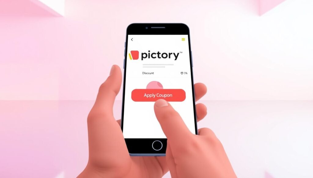 A modern, minimalist illustration depicting the Pictory discount process. In the foreground, a smartphone displays a Pictory checkout page with a prominent "Apply Coupon" button. The middle ground features a person's hand hovering over the button, ready to claim their discount. The background depicts a clean, gradient-filled space, conveying a sense of simplicity and focus. The lighting is soft and diffused, creating a warm, inviting atmosphere. The camera angle is slightly elevated, giving the viewer a sense of overview and control. Overall, the image should visually communicate the ease and convenience of applying a Pictory discount.