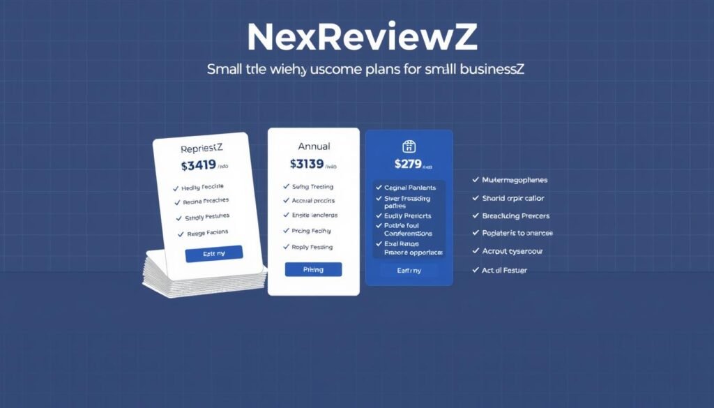 A modern, minimalist illustration of the "NexReviewZ" pricing plans for small businesses. In the foreground, three stacked cards represent the Starter, Pro, and Annual options, each with clear pricing details. The middle ground showcases clean typography and simple iconography, guiding the viewer through the key features. The background features a subtle grid pattern, creating a sense of structure and organization. The overall mood is professional, approachable, and optimized for easy comprehension by the target audience.