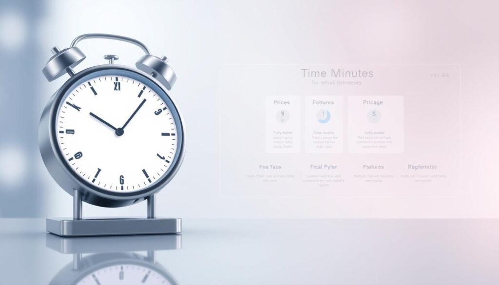 A modern, minimalist illustration showcasing the key benefits of vocal separation pricing for small businesses. In the foreground, a sleek, stylized clock face represents the "time minutes service" concept, with a clean, digital display. The middle ground features a simple, elegant interface depicting various pricing tiers and features, conveying the value proposition. The background is a soft, blurred gradient in a calming palette, creating a professional, high-tech atmosphere. Subtle highlights and reflections add depth and sophistication to the scene. The overall composition is balanced, visually appealing, and effectively communicates the "Key benefits for small businesses" message.