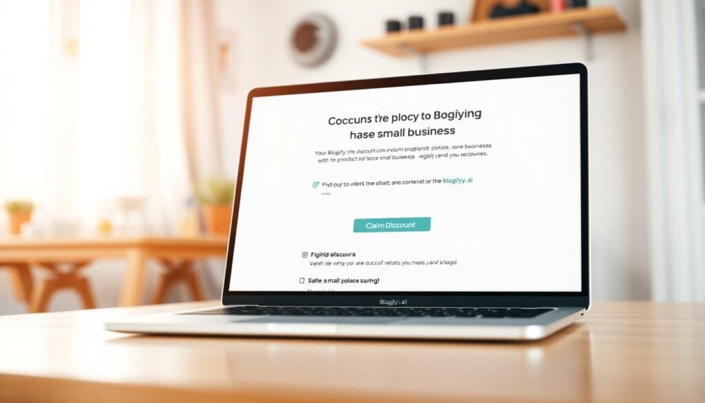 A modern, minimalist image with a clean, inviting aesthetic. In the foreground, a stylish laptop or tablet displaying a user interface with a "Claim Discount" button prominently featured. The device is set against a soft, blurred background of a cozy home office or workspace, with subtle hints of natural light filtering in. The overall mood is one of efficiency, accessibility, and a sense of empowerment for the small business owner navigating the Blogify.ai subscription options. The lighting is warm and natural, creating a sense of comfort and professionalism. The camera angle is slightly elevated, giving the viewer a sense of being in control and in command of the situation. A modern, minimalist image with a clean, inviting aesthetic. In the foreground, a stylish laptop or tablet displaying a user interface with a "Claim Discount" button prominently featured. The device is set against a soft, blurred background of a cozy home office or workspace, with subtle hints of natural light filtering in. The overall mood is one of efficiency, accessibility, and a sense of empowerment for the small business owner navigating the Blogify.ai subscription options. The lighting is warm and natural, creating a sense of comfort and professionalism. The camera angle is slightly elevated, giving the viewer a sense of being in control and in command of the situation.