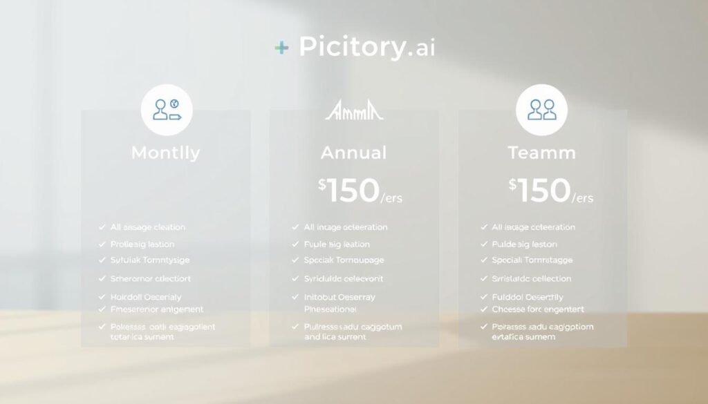 A modern, minimalist infographic showcasing the monthly, annual, and team pricing plans for Pictory.ai, an AI-powered video creation tool. In the foreground, a clean tabular layout displays the key features and corresponding pricing tiers. The middle ground features elegant icons and simple graphics to highlight the benefits of each plan. The background has a soft, blurred gradient in soothing, on-brand colors, creating a professional and informative atmosphere. Lighting is subtle and natural, with a focus on clarity and legibility. The overall composition conveys a sense of value, flexibility, and ease-of-use for small business marketers.