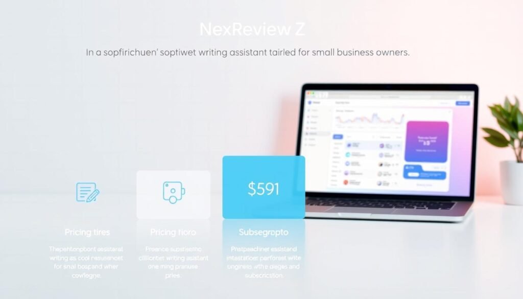 A modern, minimalist infographic showcasing the pricing tiers and plans for NexReviewZ, a sophisticated writing assistant tailored for small business owners. In the foreground, clean geometric shapes and icons represent the different subscription levels, with clear pricing details. The middle ground features a sleek, laptop device displaying the NexReviewZ dashboard, highlighting its intuitive user interface. In the background, a subtle grid pattern and soft pastel gradients create a professional, tech-forward atmosphere. The lighting is soft and even, with a slight depth of field to draw the eye towards the central elements. The overall mood is one of simplicity, efficiency, and modern productivity, reflecting the needs of the target audience. A modern, minimalist infographic showcasing the pricing tiers and plans for NexReviewZ, a sophisticated writing assistant tailored for small business owners. In the foreground, clean geometric shapes and icons represent the different subscription levels, with clear pricing details. The middle ground features a sleek, laptop device displaying the NexReviewZ dashboard, highlighting its intuitive user interface. In the background, a subtle grid pattern and soft pastel gradients create a professional, tech-forward atmosphere. The lighting is soft and even, with a slight depth of field to draw the eye towards the central elements. The overall mood is one of simplicity, efficiency, and modern productivity, reflecting the needs of the target audience.